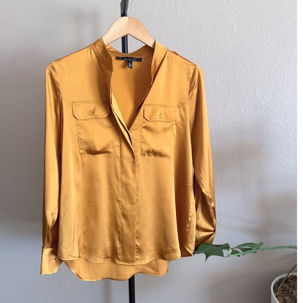 White House Black Market Gold Satin Button Blouse Long Sleeve Shirt Small WHBM